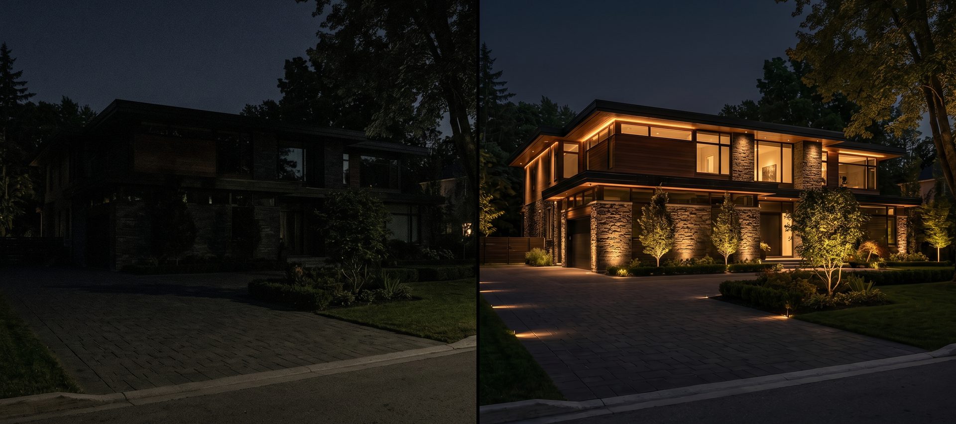 Modern stone-fronted home, before and after architectural uplighting