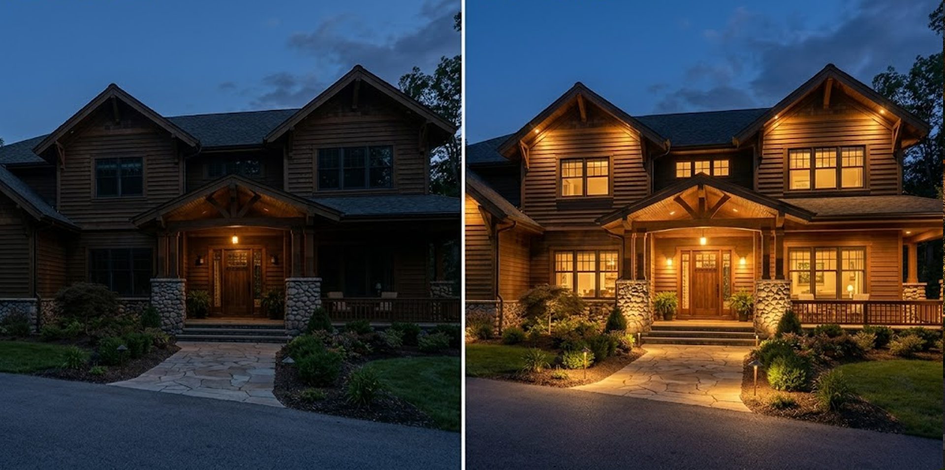 Craftsman-style home, before and after architectural uplighting